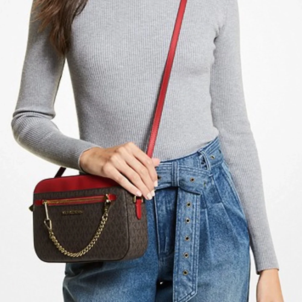 MICHAEL KORS LARGE EAST WEST ZIP CHAIN XBODY FLAME MULTI/ BROWN - Picture 7 of 16